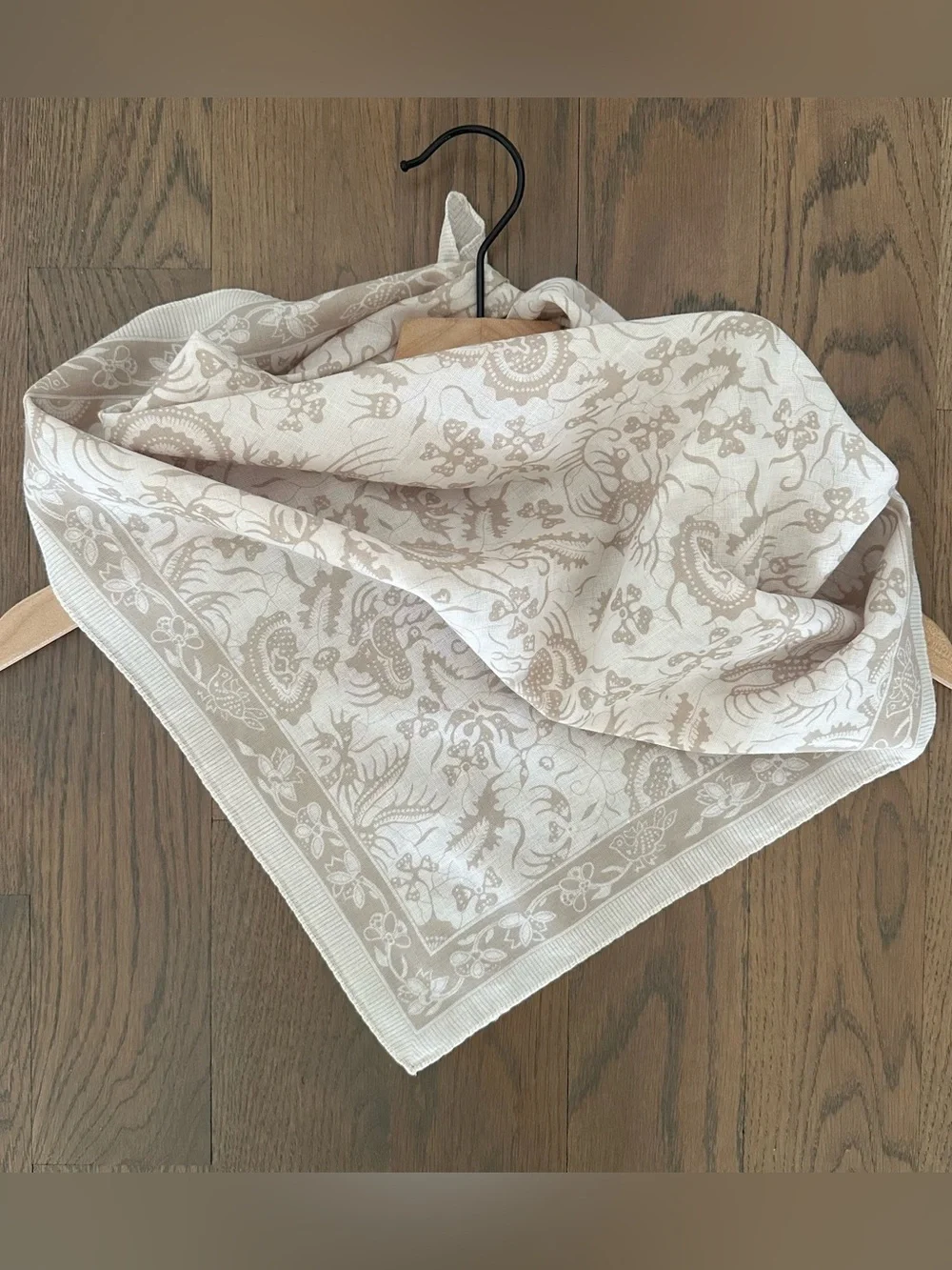 Vintage Cotton Voile Floral and Paisley Print Scarf in White and Tan 26.5" sq - Picture 3 of 8